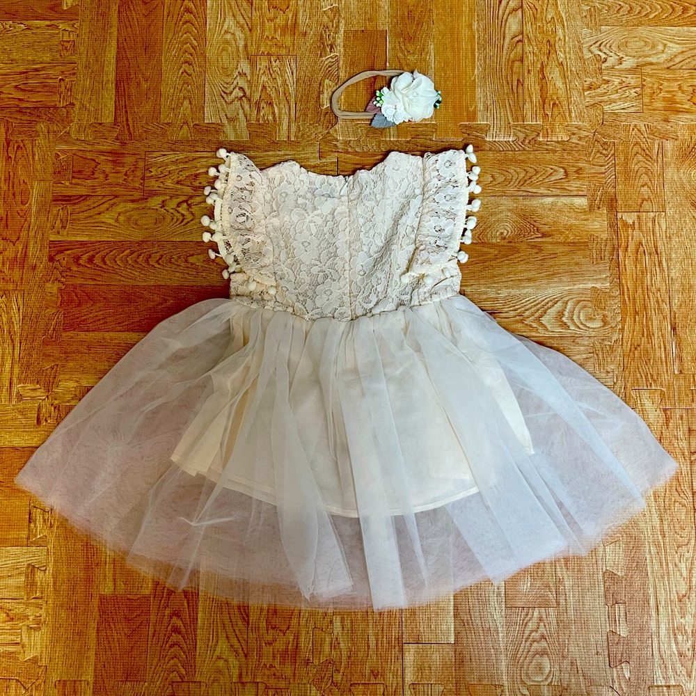 NWT baby girl tulle dress with headband ivory 2T